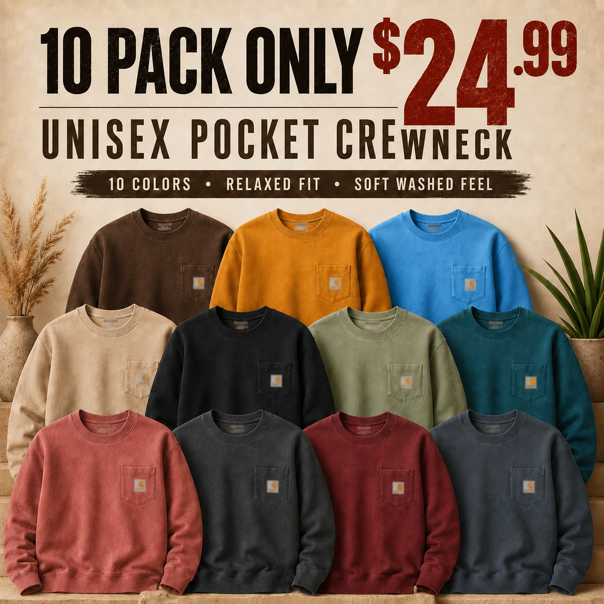 Vintage Washed Unisex Pocket Crewneck Sweatshirt